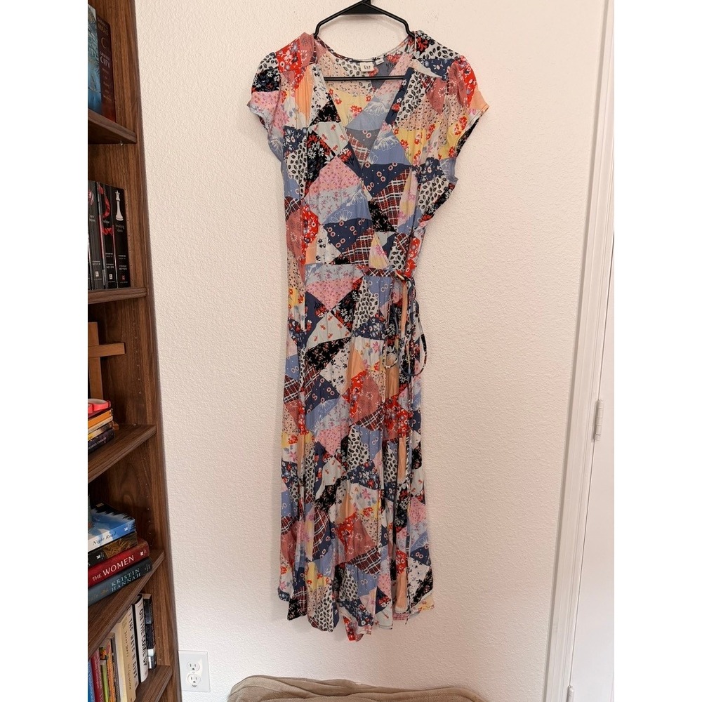 Gap Patchwork Floral Plaid Wrap Midi Dress Multi-Color Short Sleeve Rayon Large